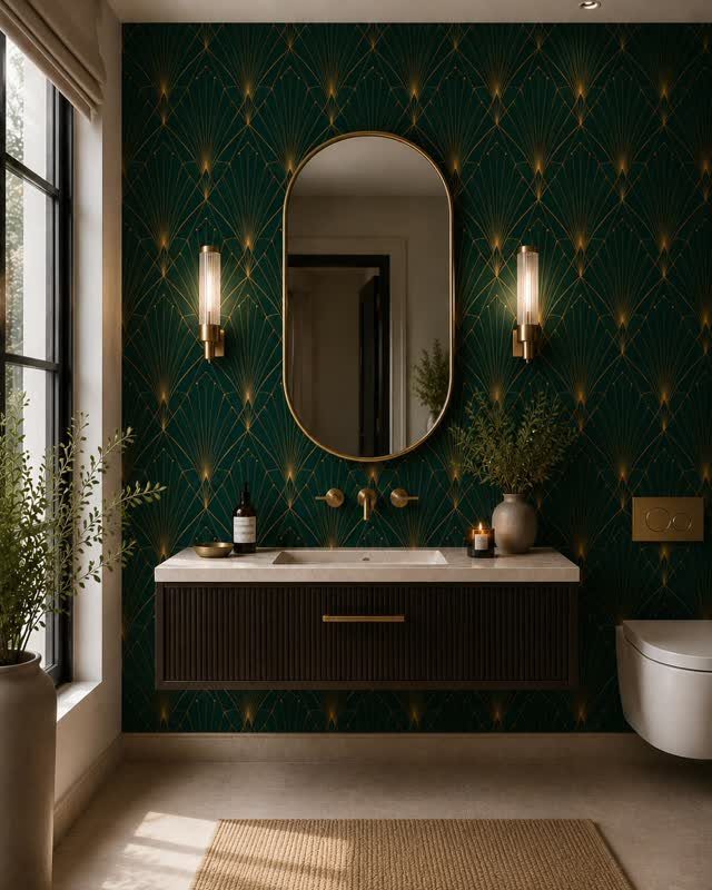 Dark green art deco wallpaper with gold patterns in a modern luxury bathroom