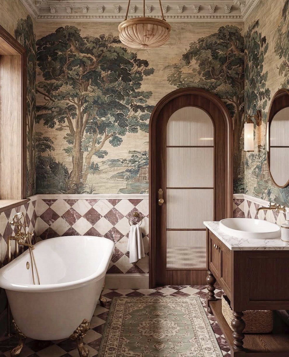 Bathroom with landscape mural wallpaper, white clawfoot tub, and checkered wall tiles.