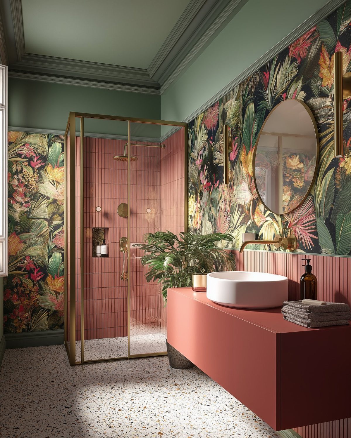 Tropical leaf wallpaper in a bathroom with pink tiles and terracotta vanity.