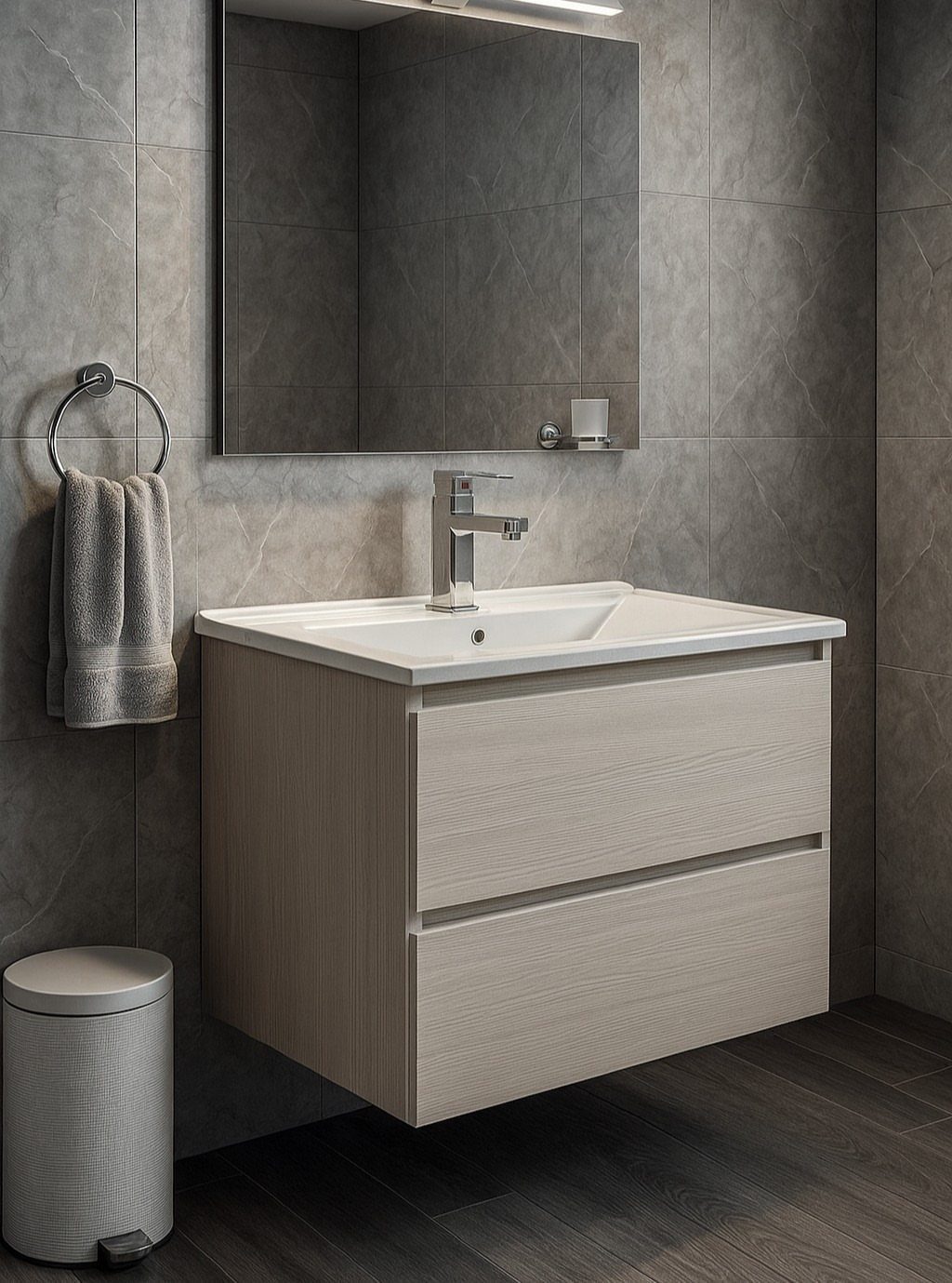 Floating wood vanity with white sink and chrome faucet against grey marble walls