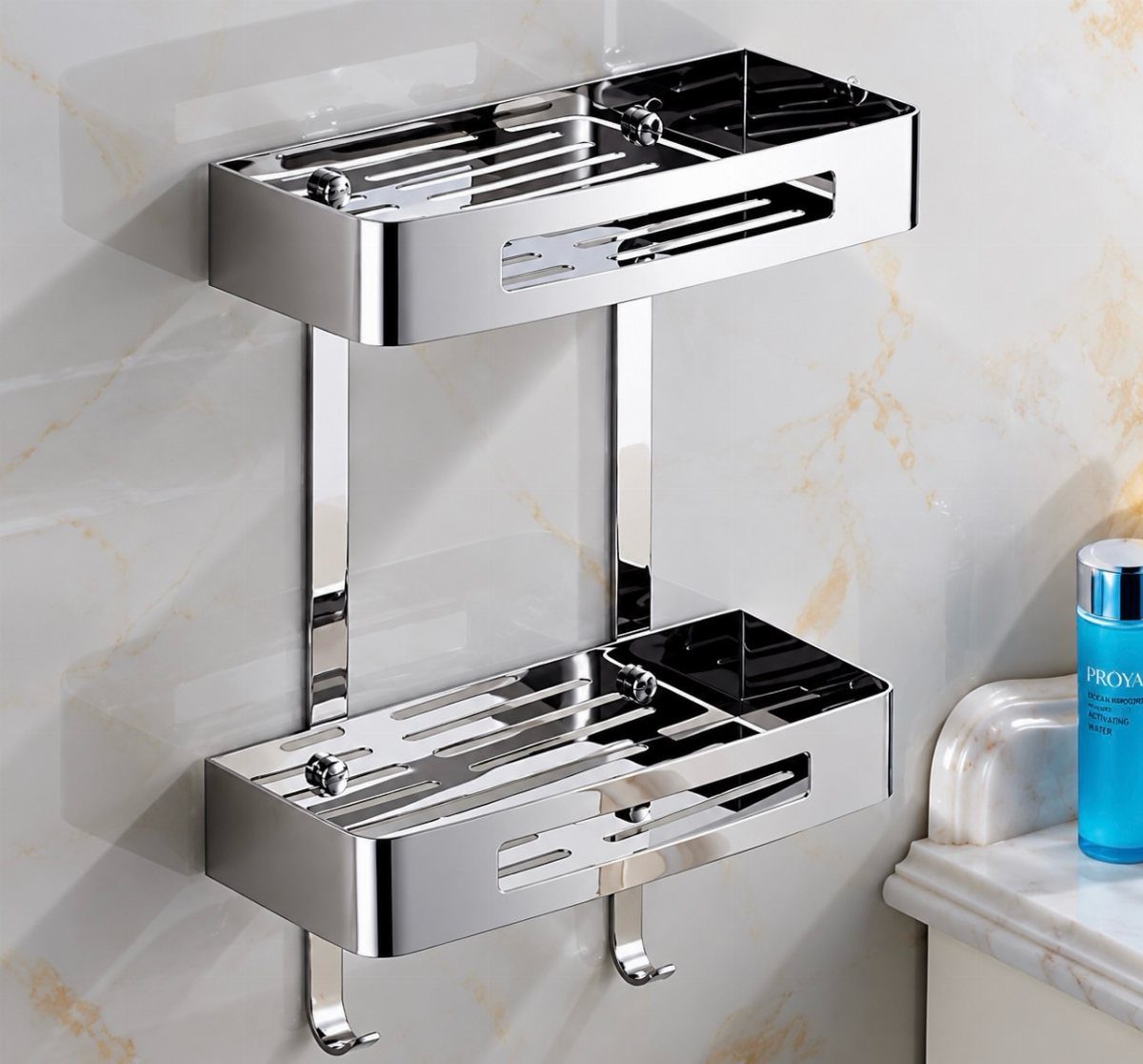 Two-tier polished chrome shower caddy mounted on a white marble bathroom wall.