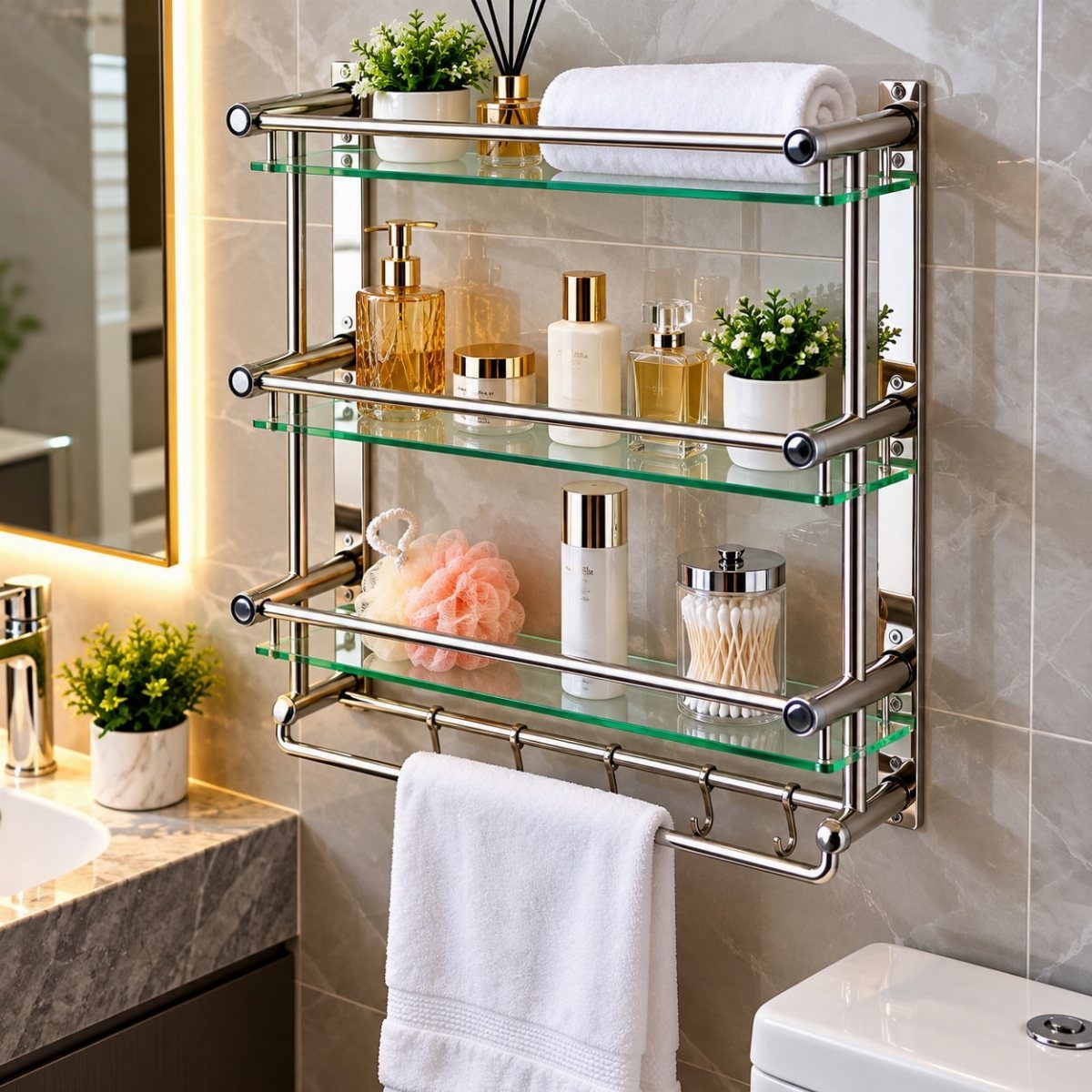 Chrome bathroom shelving unit with glass shelves and a towel bar holding towels.