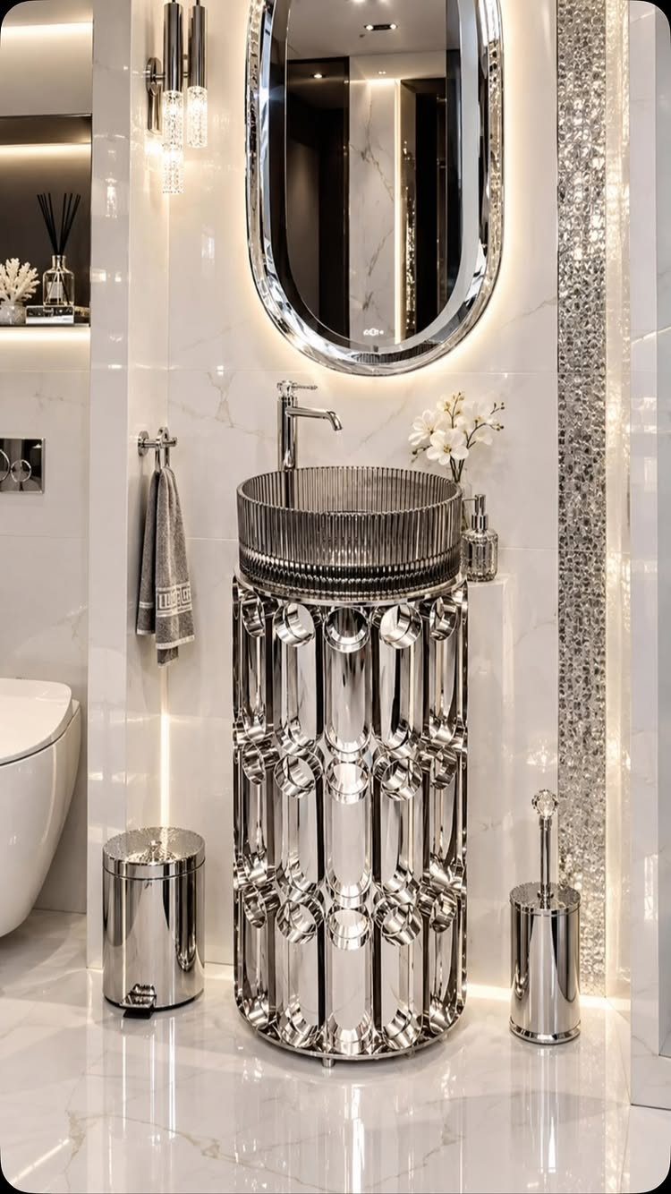 Chrome pedestal sink and matching accessories in a white marble luxury bathroom