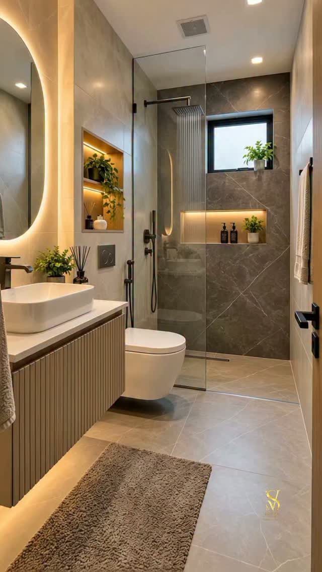 Modern bathroom with a transparent glass shower door and grey marble walls.