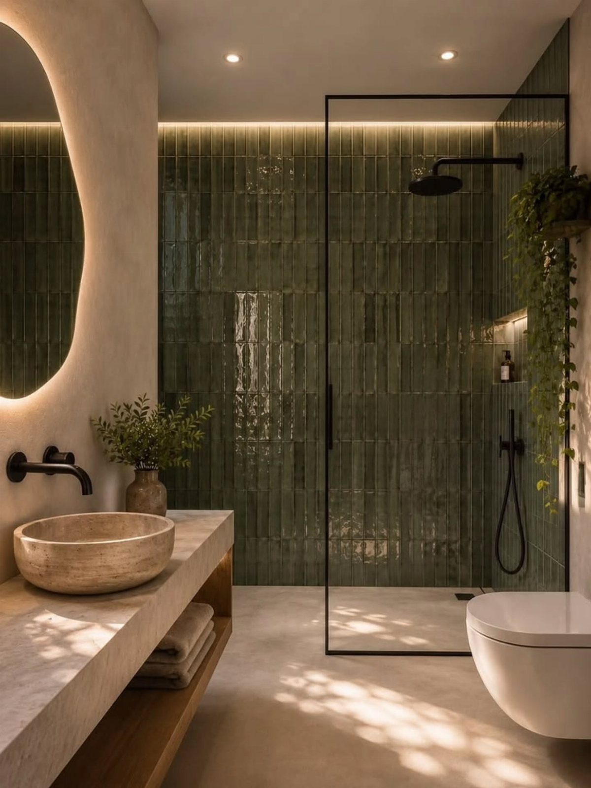 Deep green vertical glass tiles in a modern bathroom with stone sink.