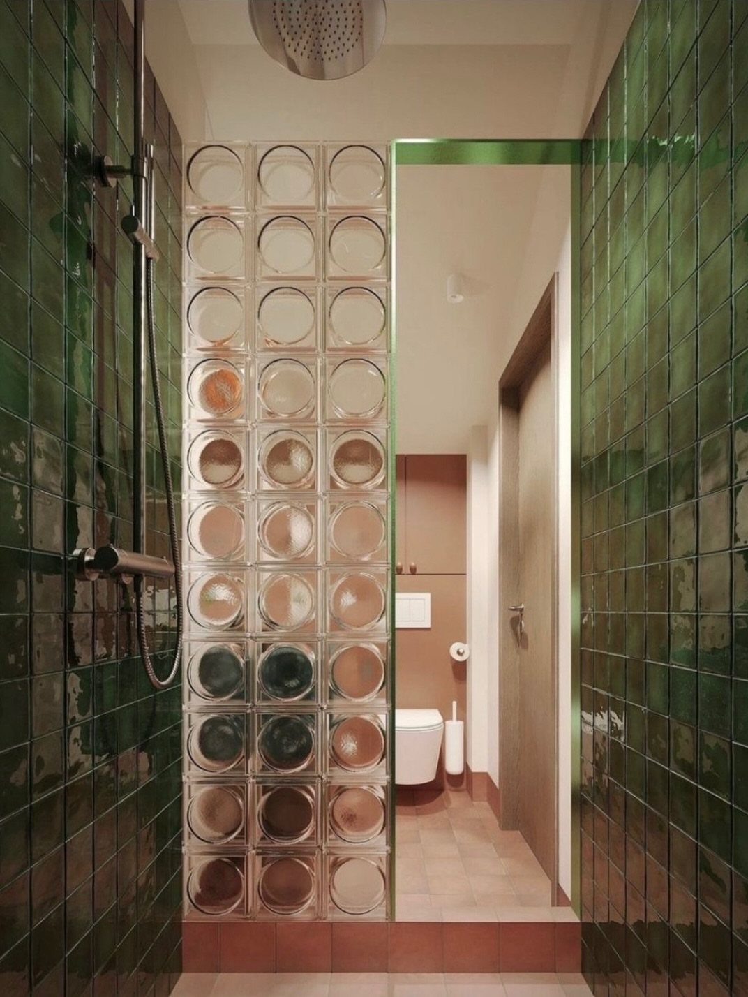 Green glass tiles and circular glass blocks in a modern bathroom shower area