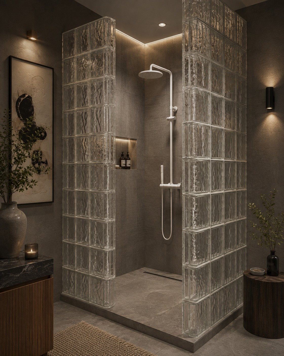 Modern shower with translucent glass block walls and grey stone tiling.
