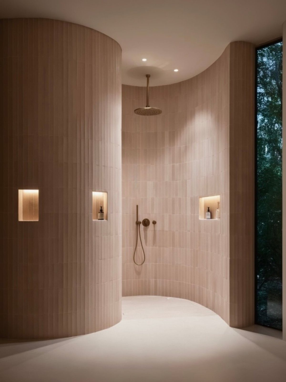 Curved walk-in shower with vertical light-colored tiles and a rainfall showerhead.