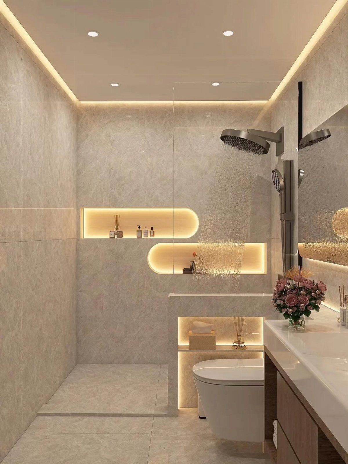 Modern bathroom with integrated LED lighting in the ceiling and recessed wall niches.