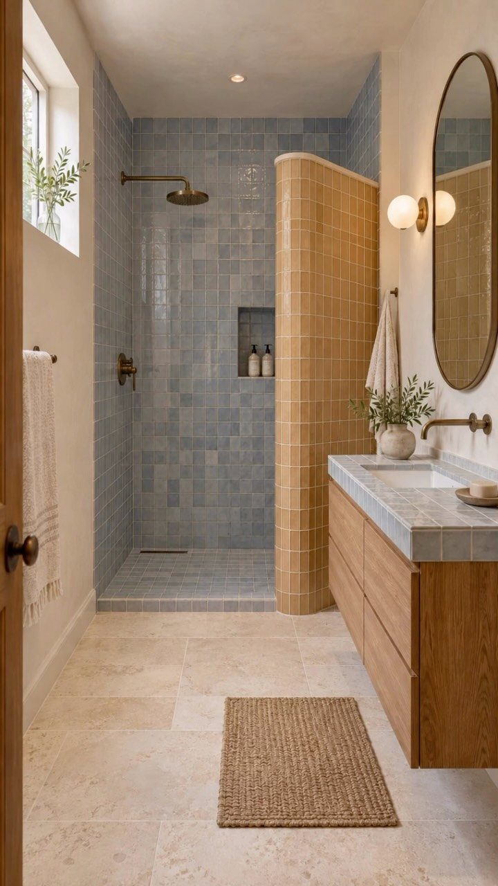 Modern bathroom with blue tiled shower, curved tan wall, and stone flooring.