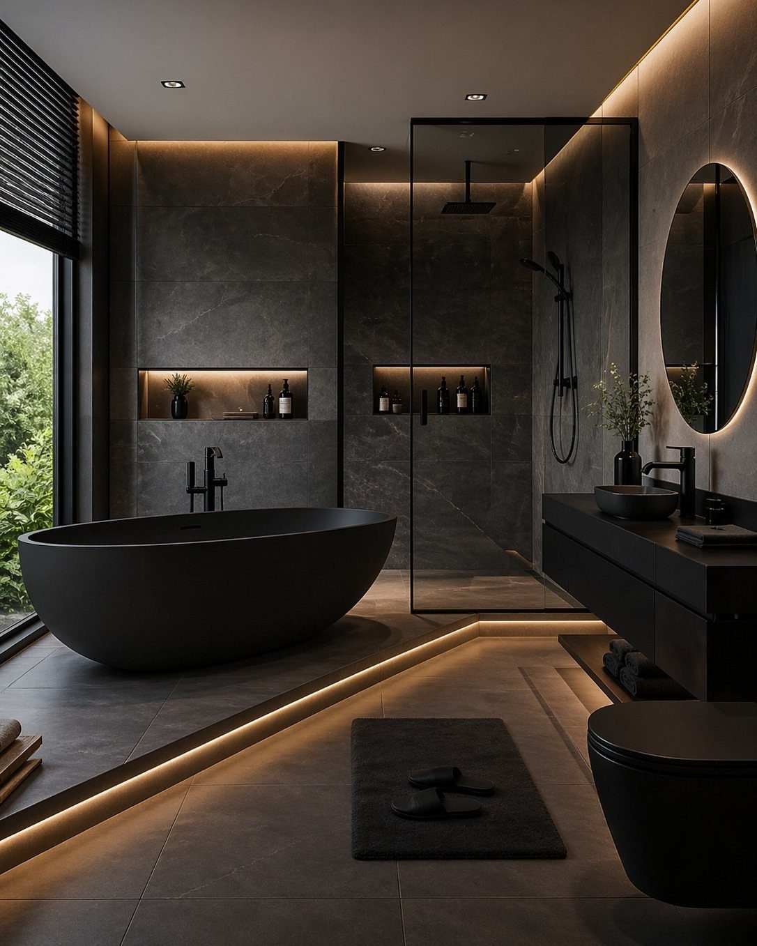 Dark grey modern bathroom with black bathtub, glass shower, and warm linear lighting.