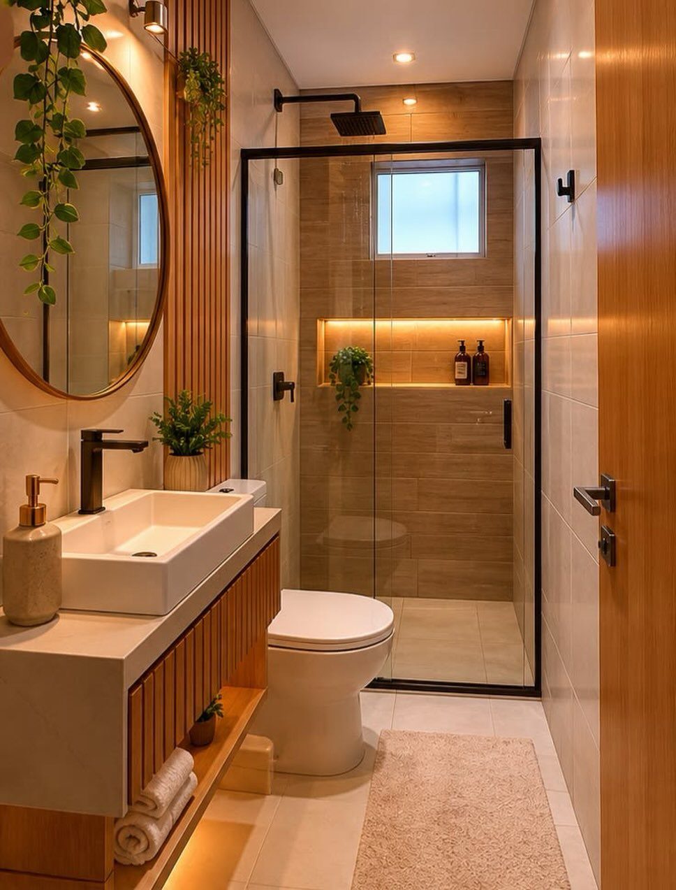 Modern bathroom with wood slat paneling, glass shower, and white vanity sink.