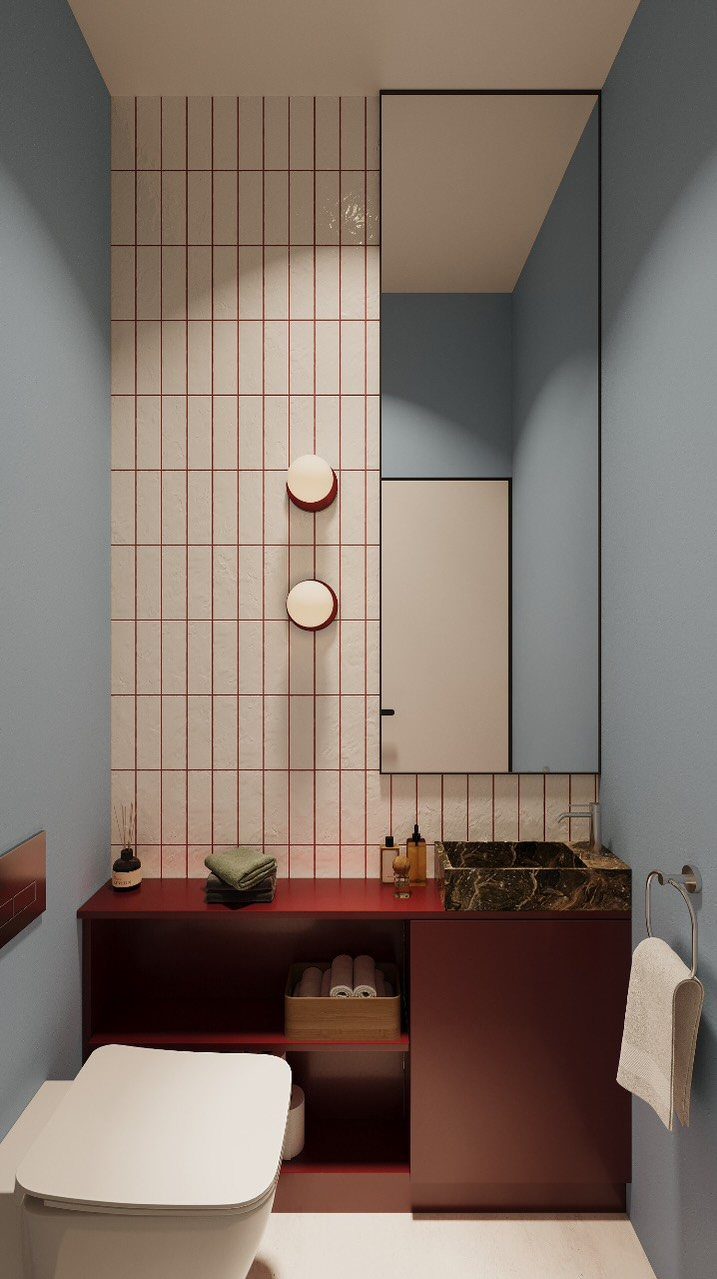 White vertical bathroom tiles with contrasting dark red grout and a red vanity.