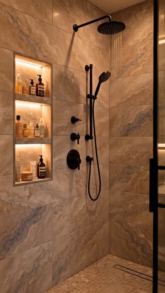Large marbled beige tiles in a modern shower with black fixtures and lit shelving