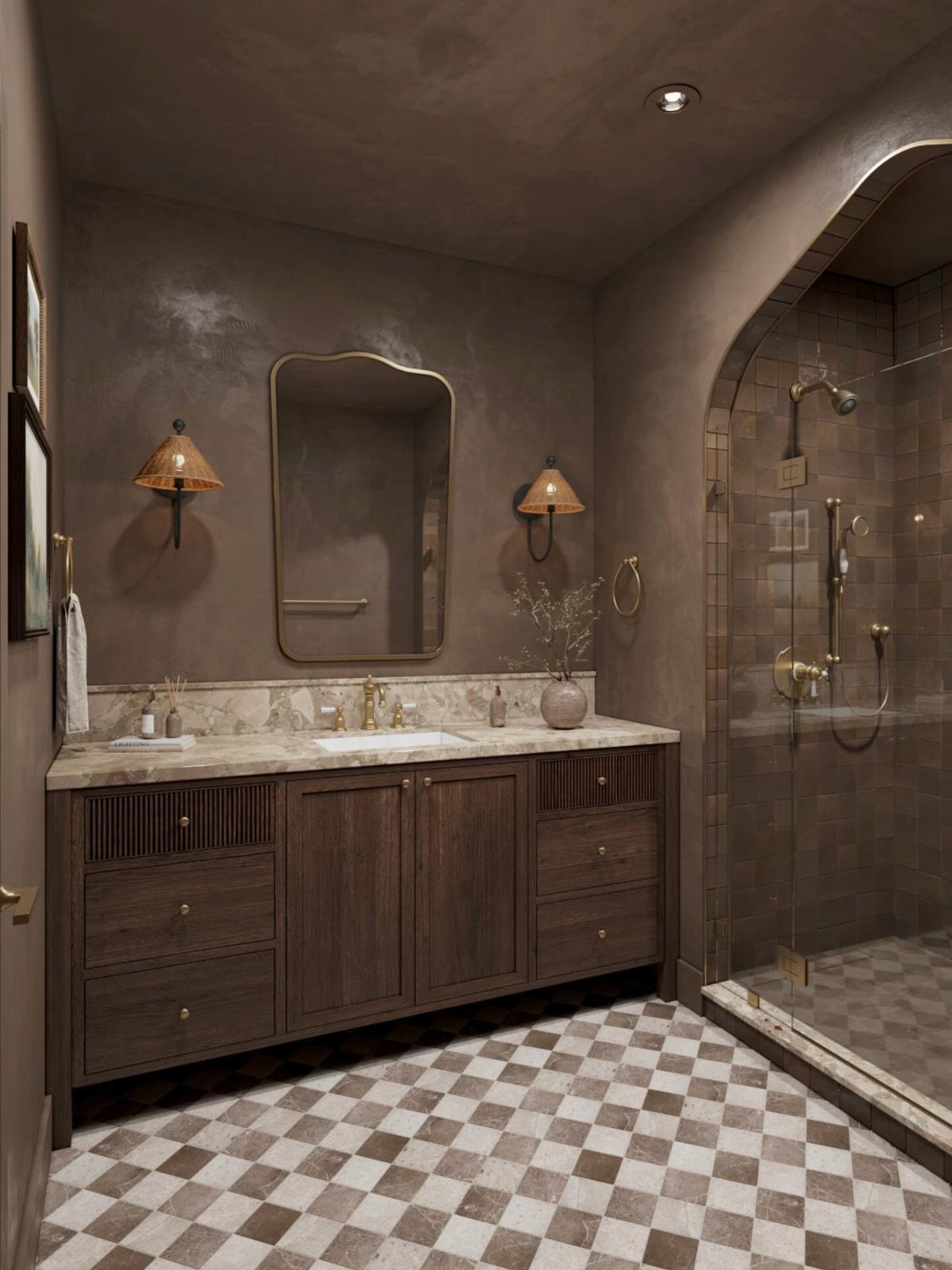 Dark brown bathroom with checkered floors, marble vanity, and brown tiled shower walls.