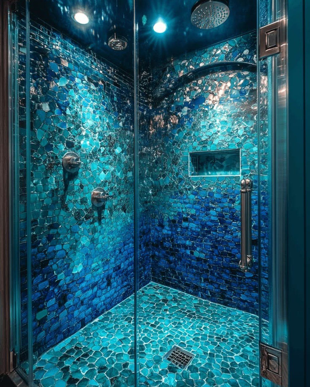 Blue and turquoise mosaic tile walls and floor in a modern walk-in shower