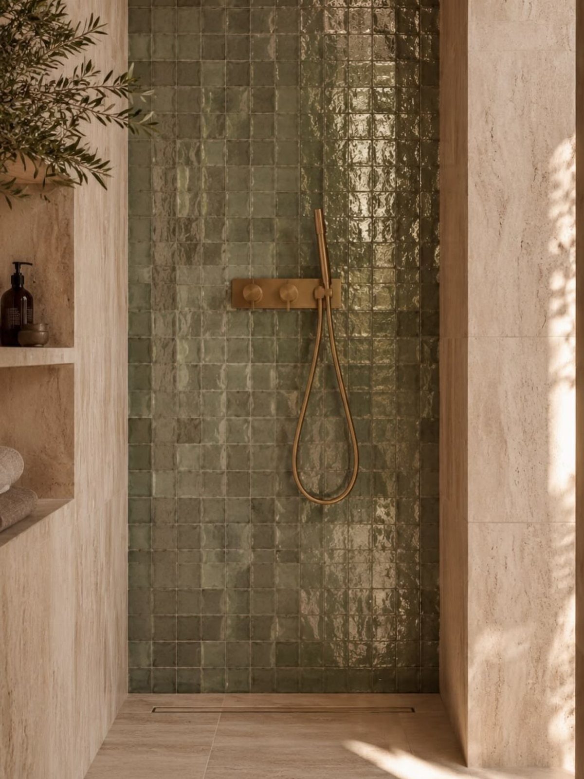 Olive green square tiles and beige stone walls in a modern bathroom shower