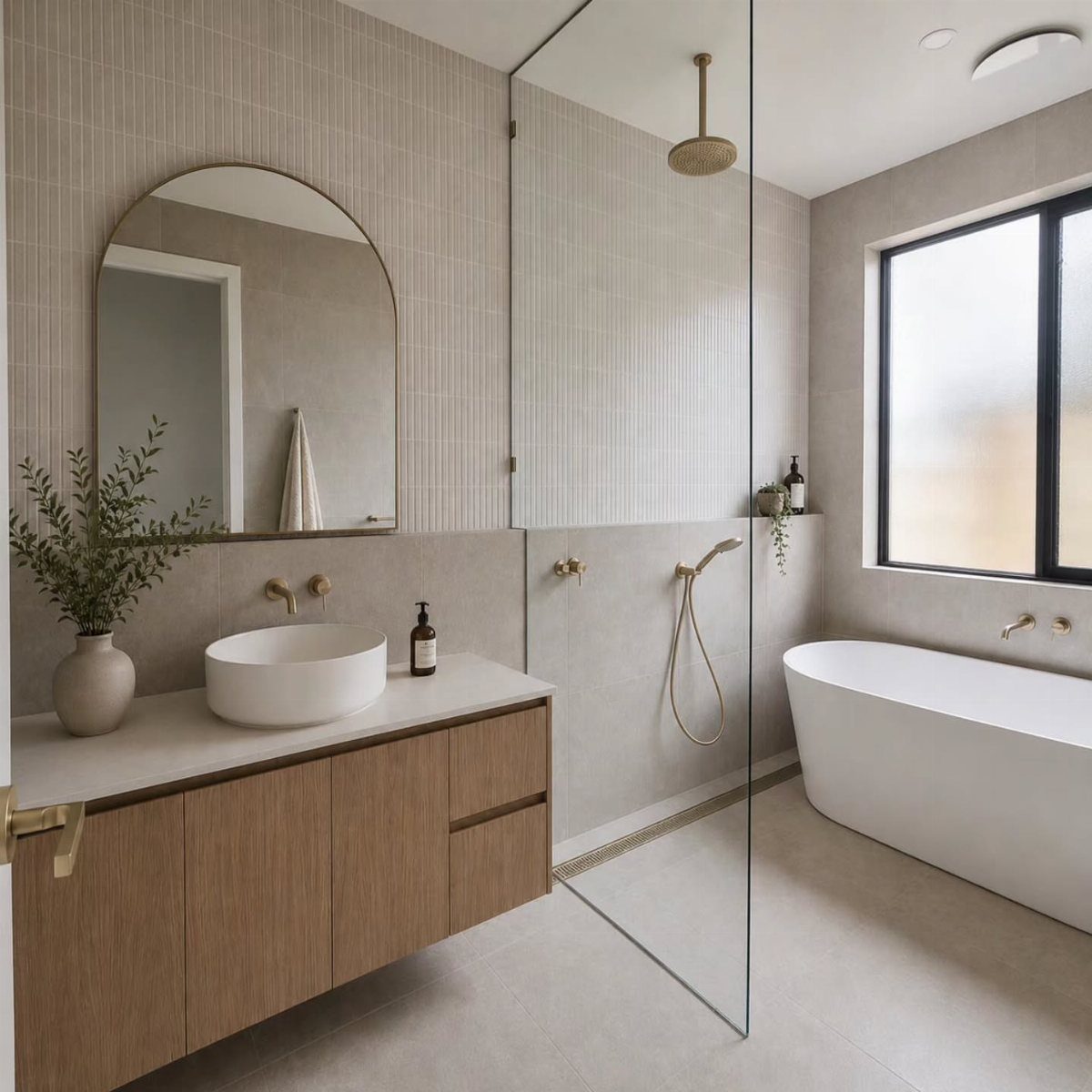 Modern bathroom with beige textured wall tiles, wooden vanity, and freestanding white bathtub.