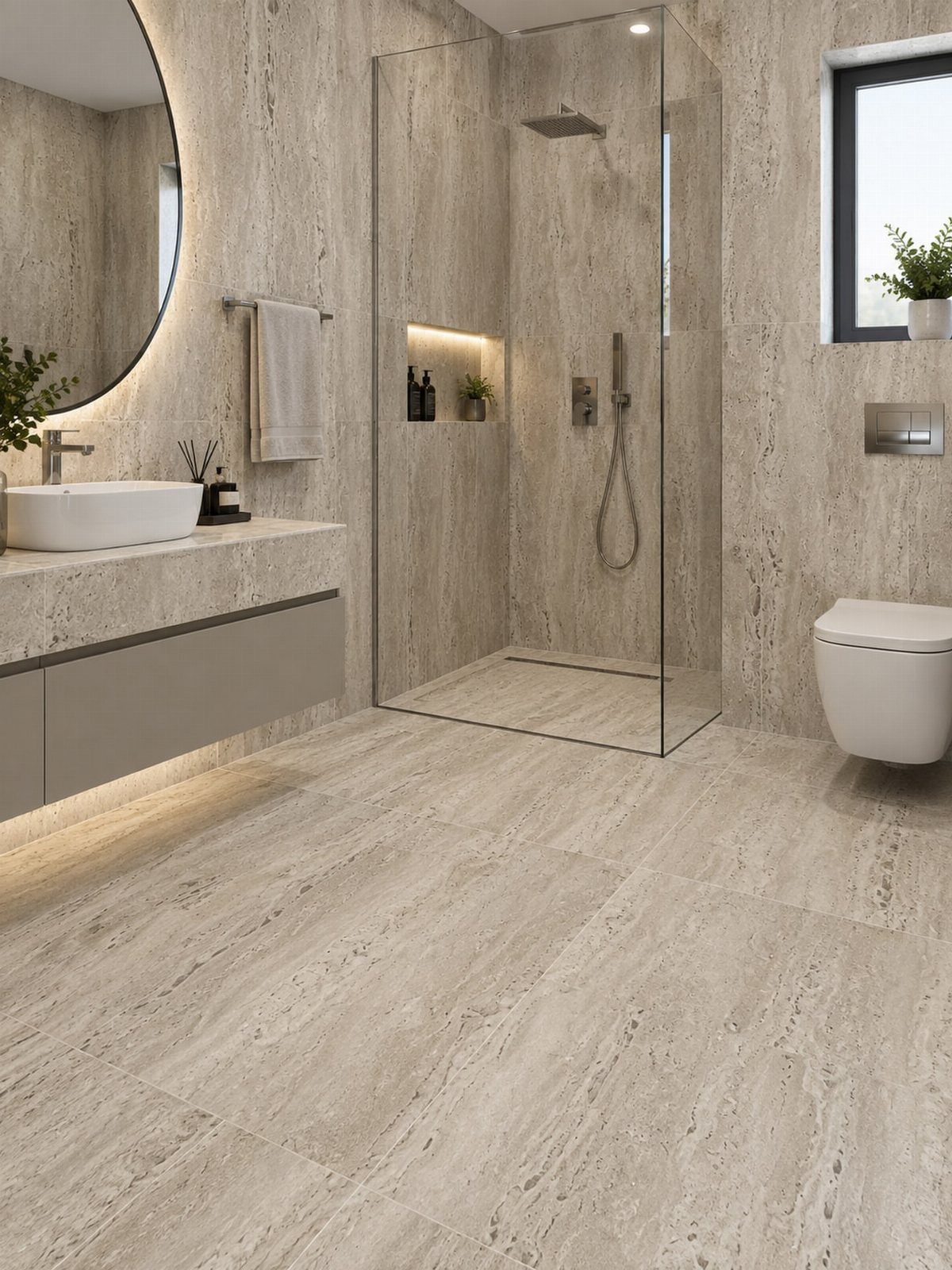 Beige travertine tile walls and floors in a modern, minimalist bathroom interior.