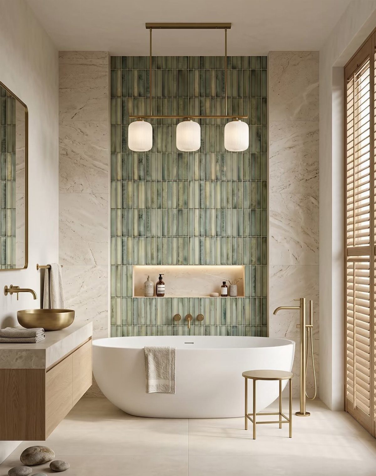 White freestanding bathtub against a wall of vertical green rectangular ceramic tiles.