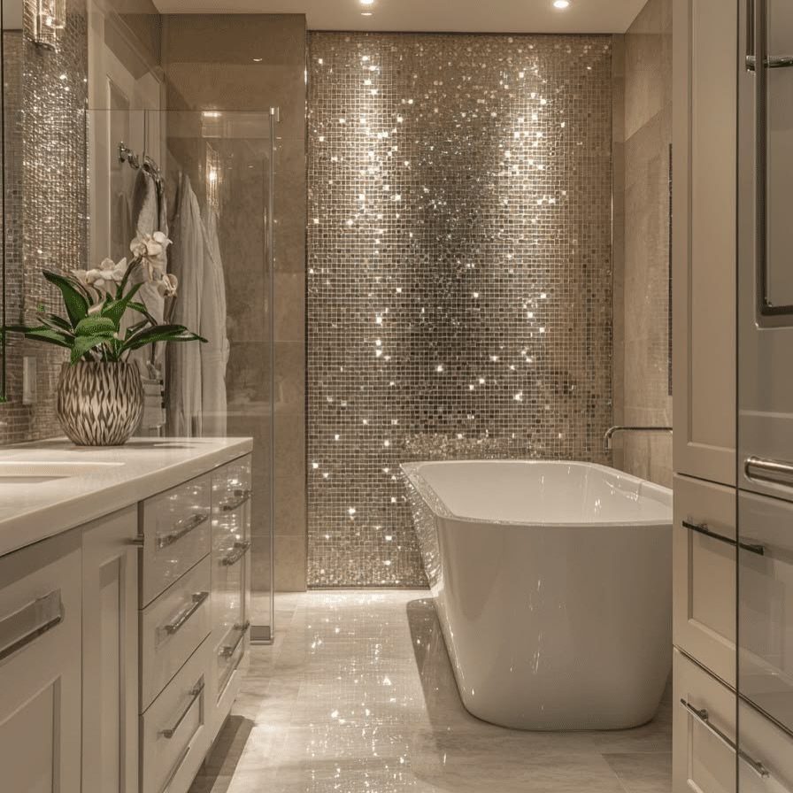 White freestanding bathtub against a shimmering wall of iridescent glass mosaic tiles.