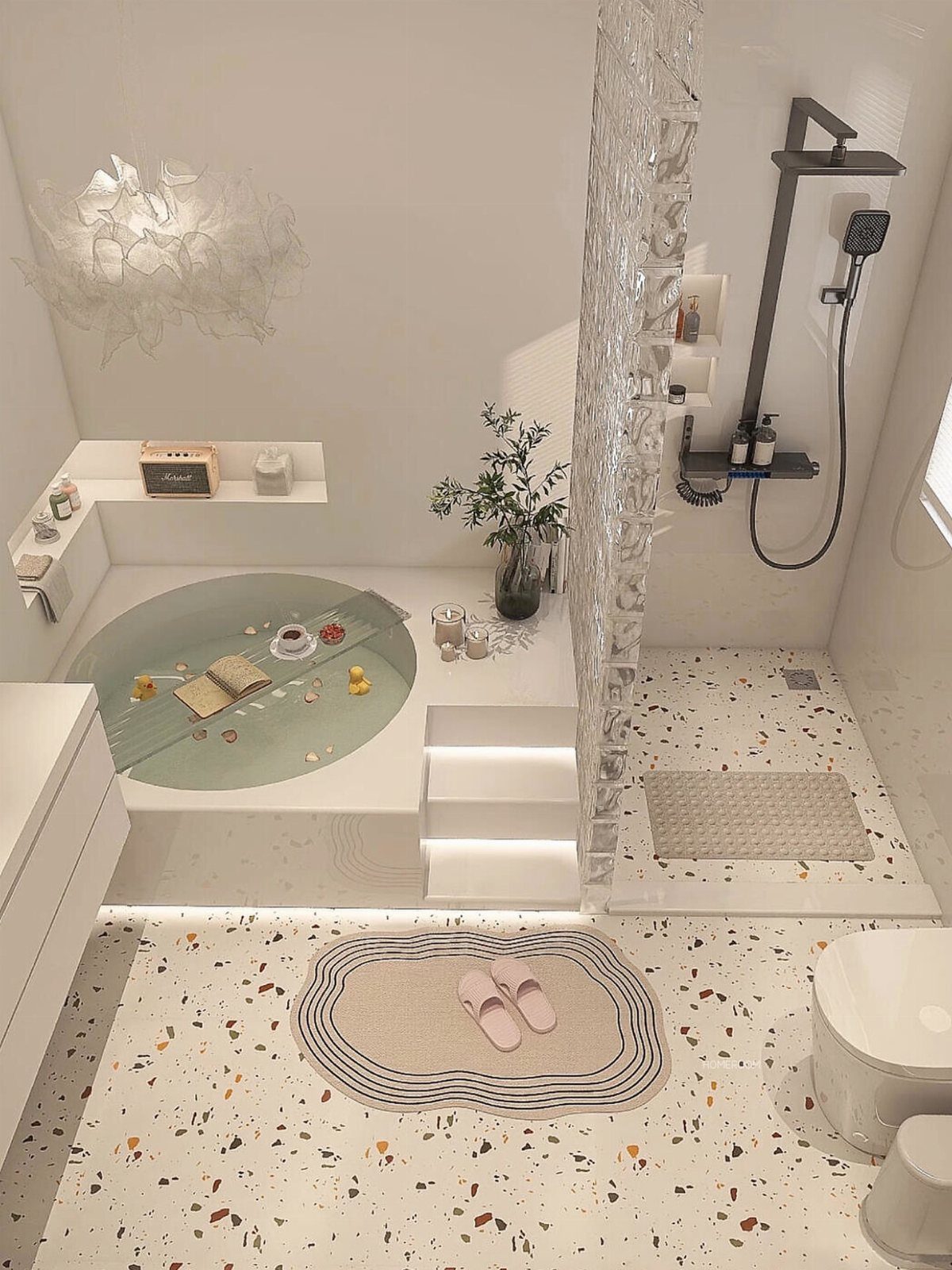 Modern white bathroom with built-in tub, terrazzo flooring, and glass partition wall.