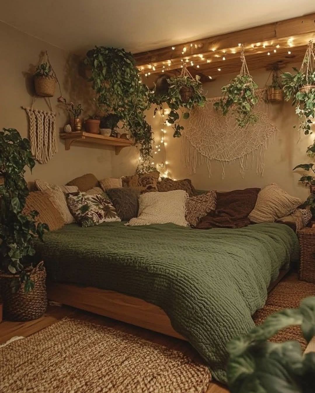 Bed with green blanket tucked into a corner surrounded by plants and lights.