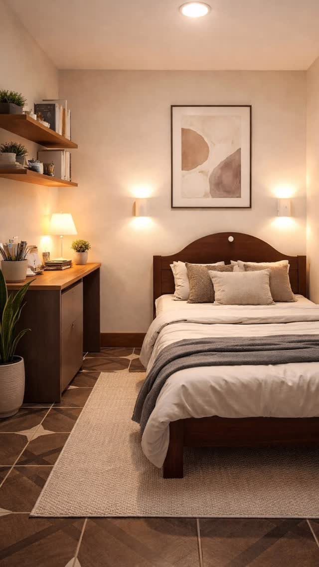 Beige walls in a small bedroom with a dark wood bed and desk.