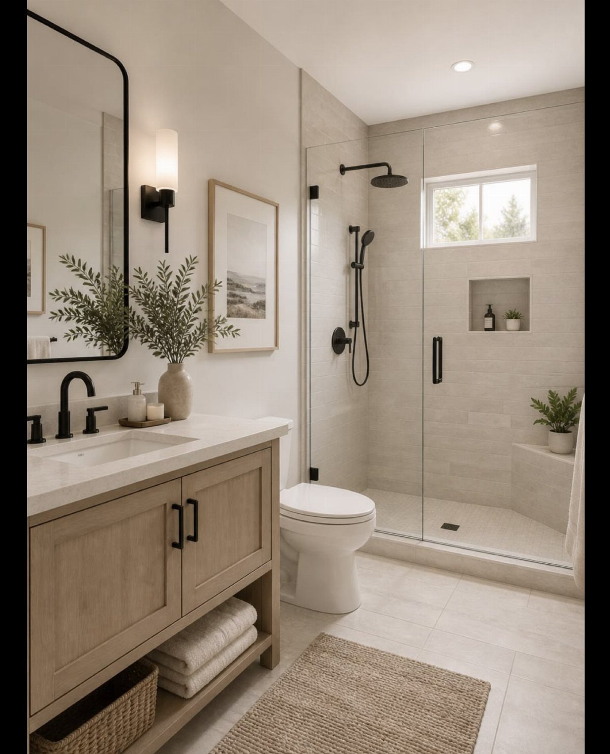 Modern bathroom featuring black faucets, shower hardware, and a black-framed mirror.