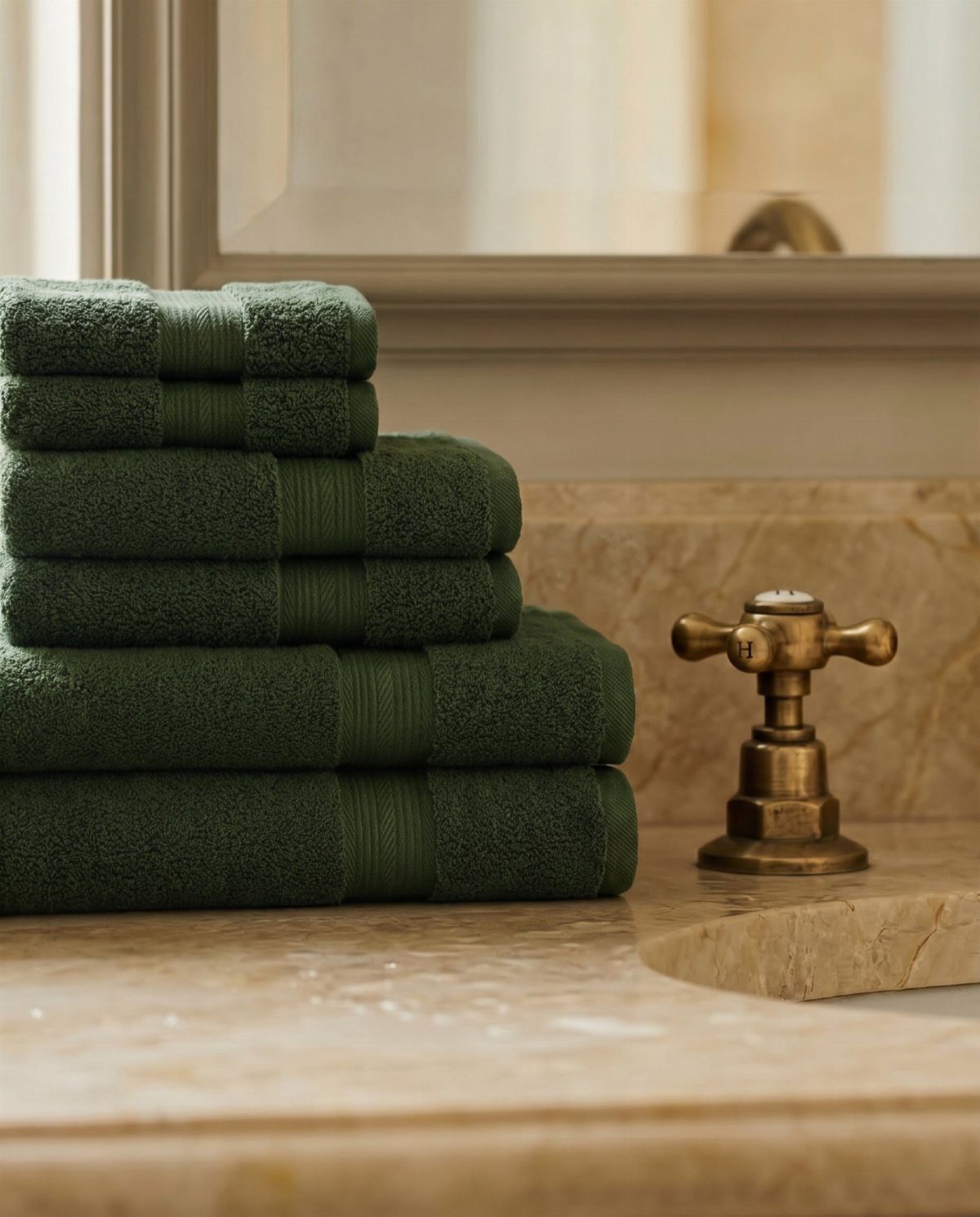 Emerald green towels stacked on a beige marble countertop next to a brass faucet.