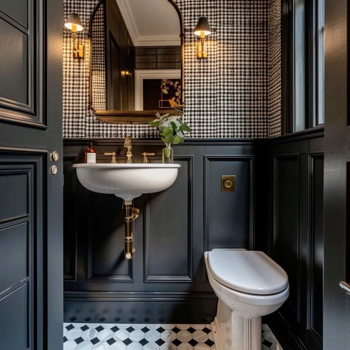 Black and white bathroom with houndstooth wallpaper, checkered floors, and gold fixtures.