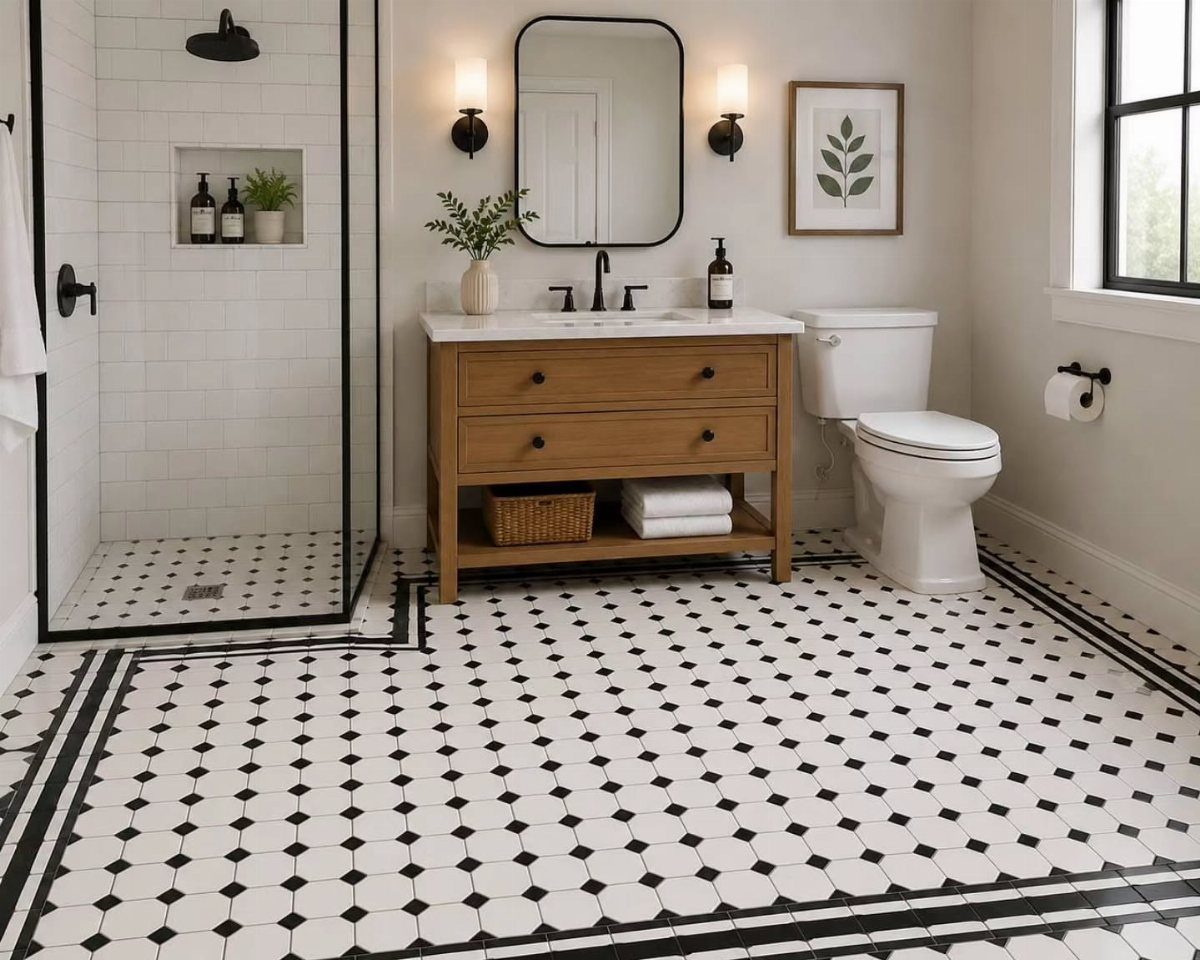 Black and white patterned tile floor in a bright bathroom with wooden vanity.