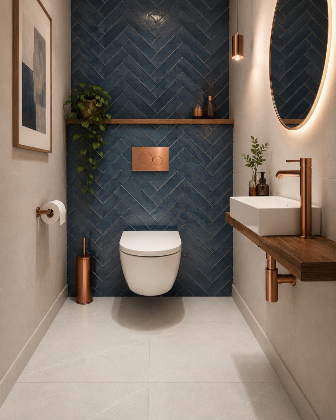Deep blue herringbone tiled wall with a floating wooden shelf and copper sink fixtures.