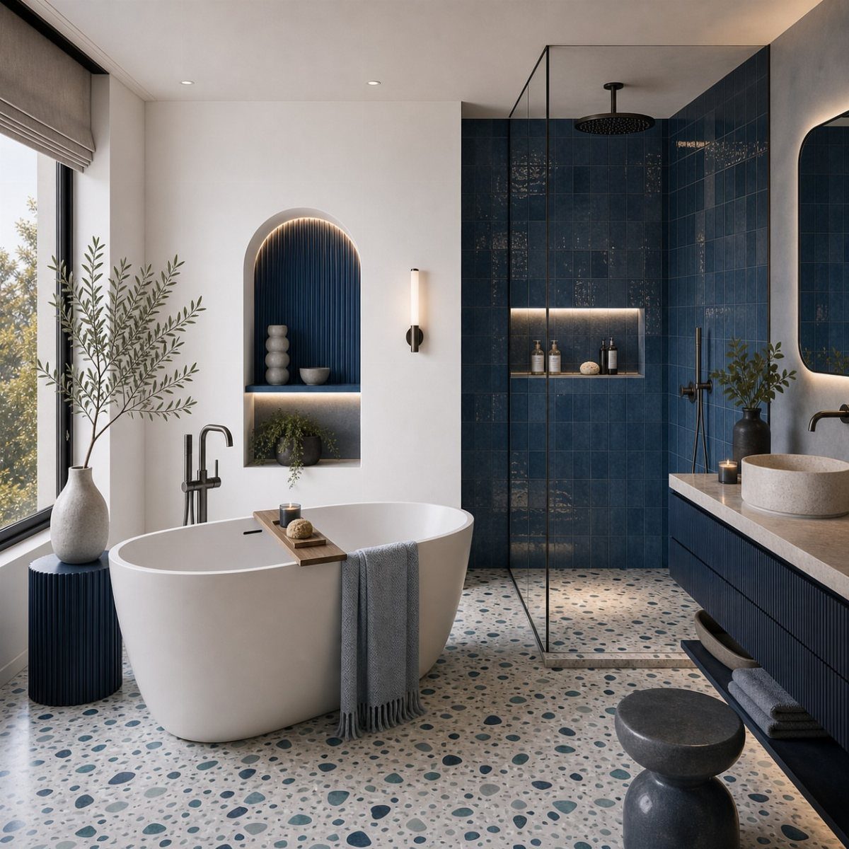 Blue terrazzo flooring and soft grey walls in a modern luxury bathroom