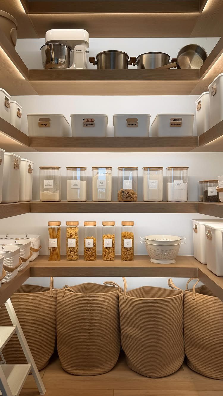 Organized walk-in pantry with built-in wooden shelves, glass jars, and woven baskets.