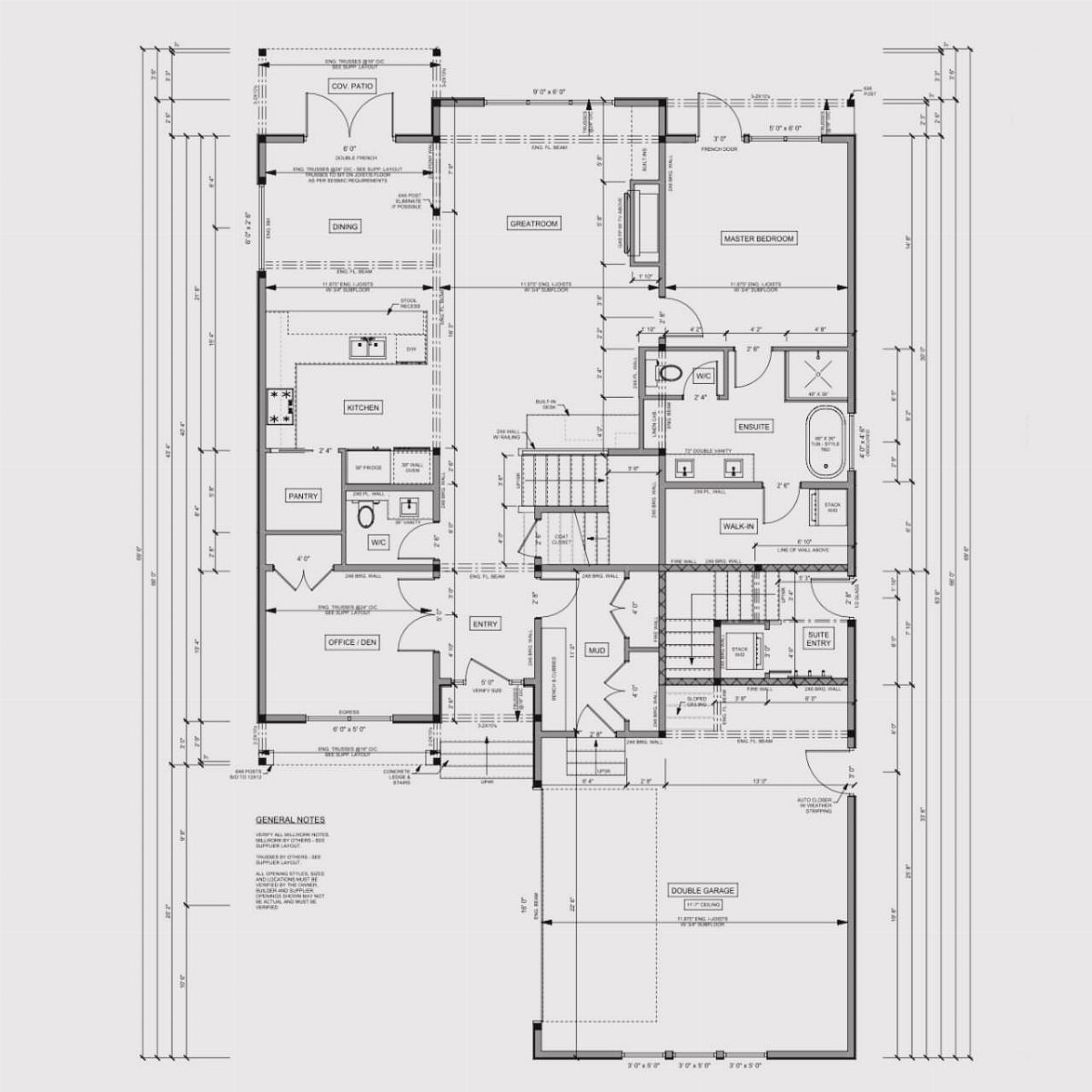 Architectural floor plan showing a detailed house layout with labeled rooms and measurements.