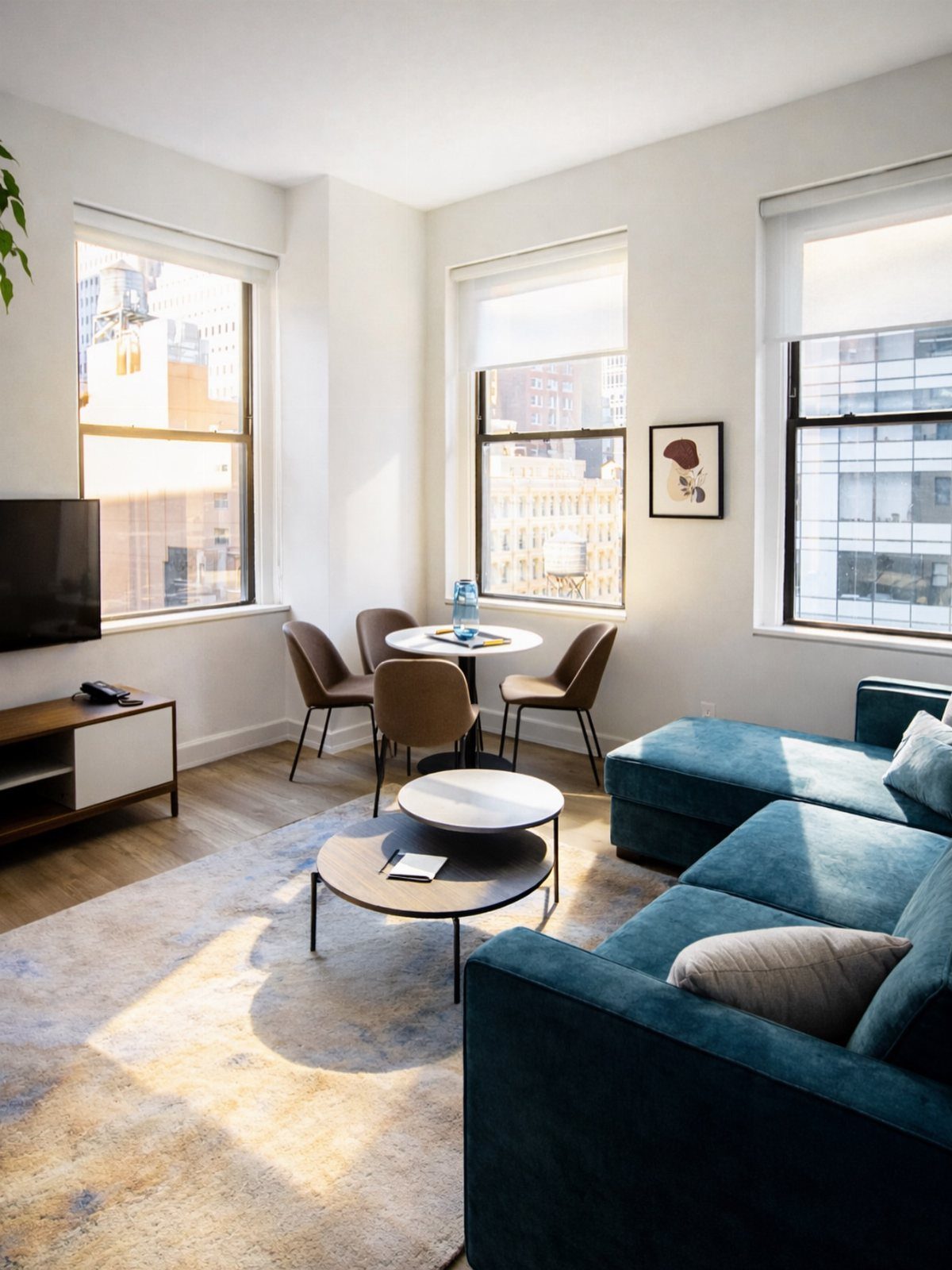 Modern city apartment living room with blue sectional sofa and dining area.