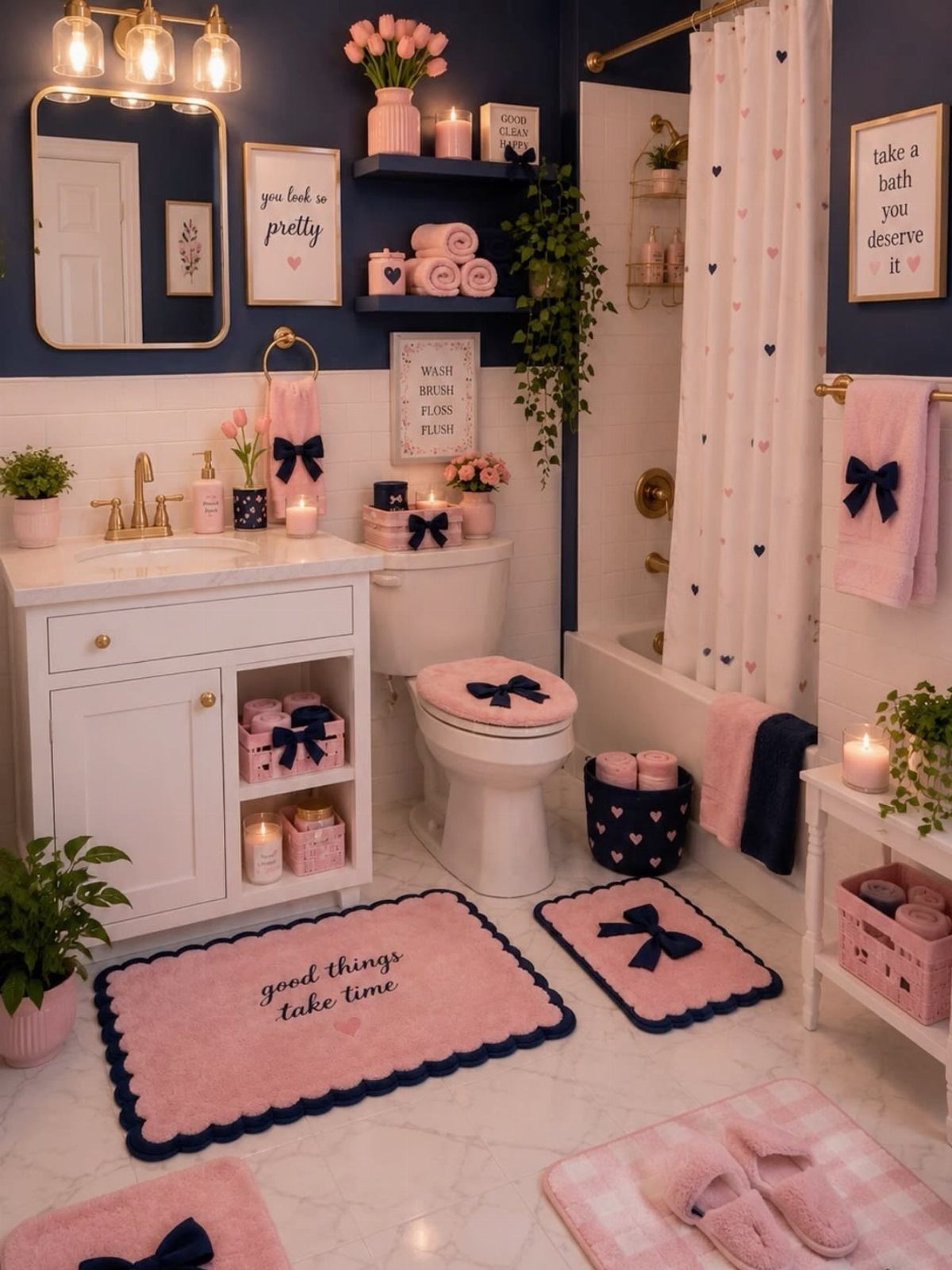 Pink towels and bath mats in a navy blue and white bathroom.