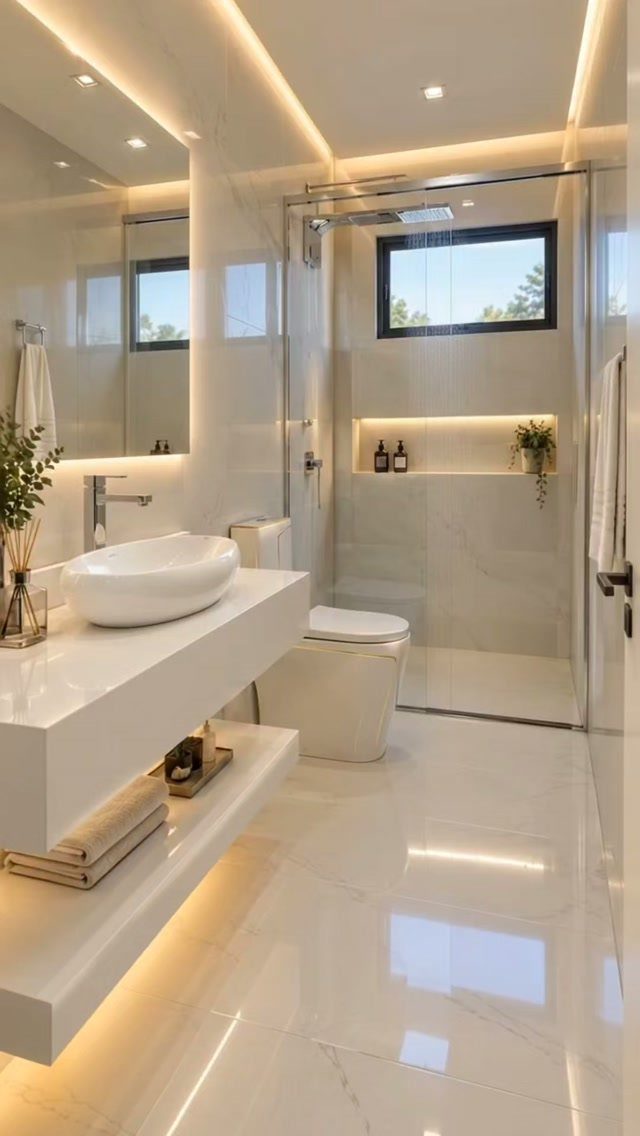 Modern white bathroom with marble surfaces, vessel sink, and warm integrated LED lighting.