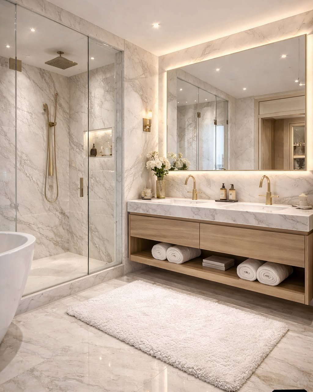 Marble countertop vanity with gold fixtures in a bright, modern white bathroom.
