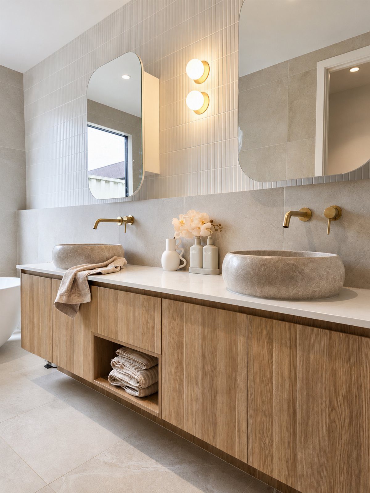 Light-wood bathroom vanity with white countertop, stone sinks, and gold fixtures.