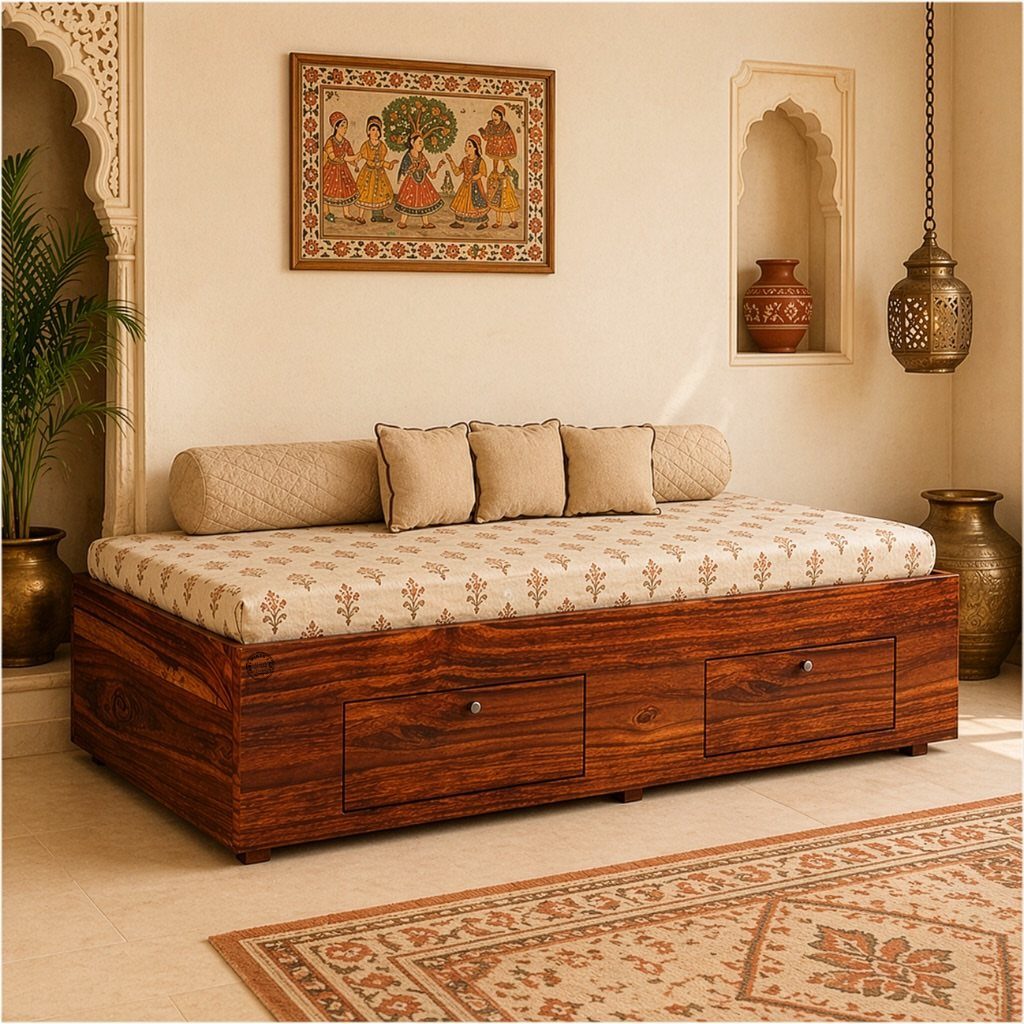 Wooden daybed with storage drawers and beige pillows in a decorated room.