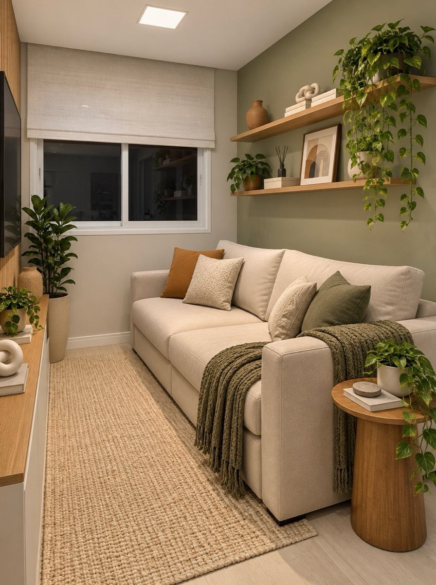Cream-colored sofa and light beige rug in a small, modern living room setup.