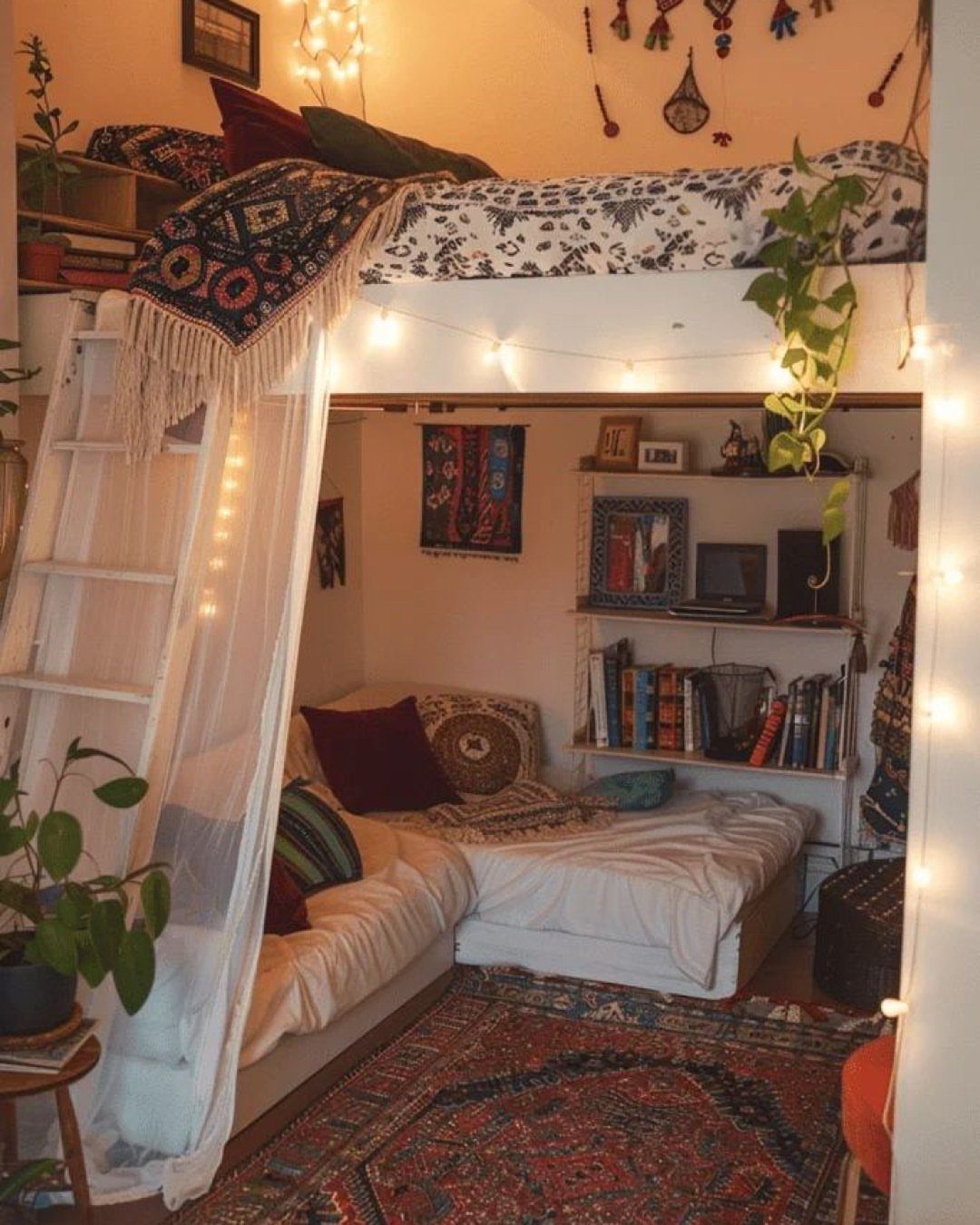 White loft bed with a cozy seating area and bookshelf underneath in a studio.