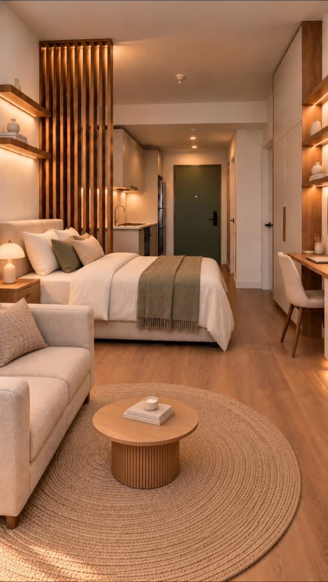 Studio apartment with a wooden slat partition separating the bed from the living area