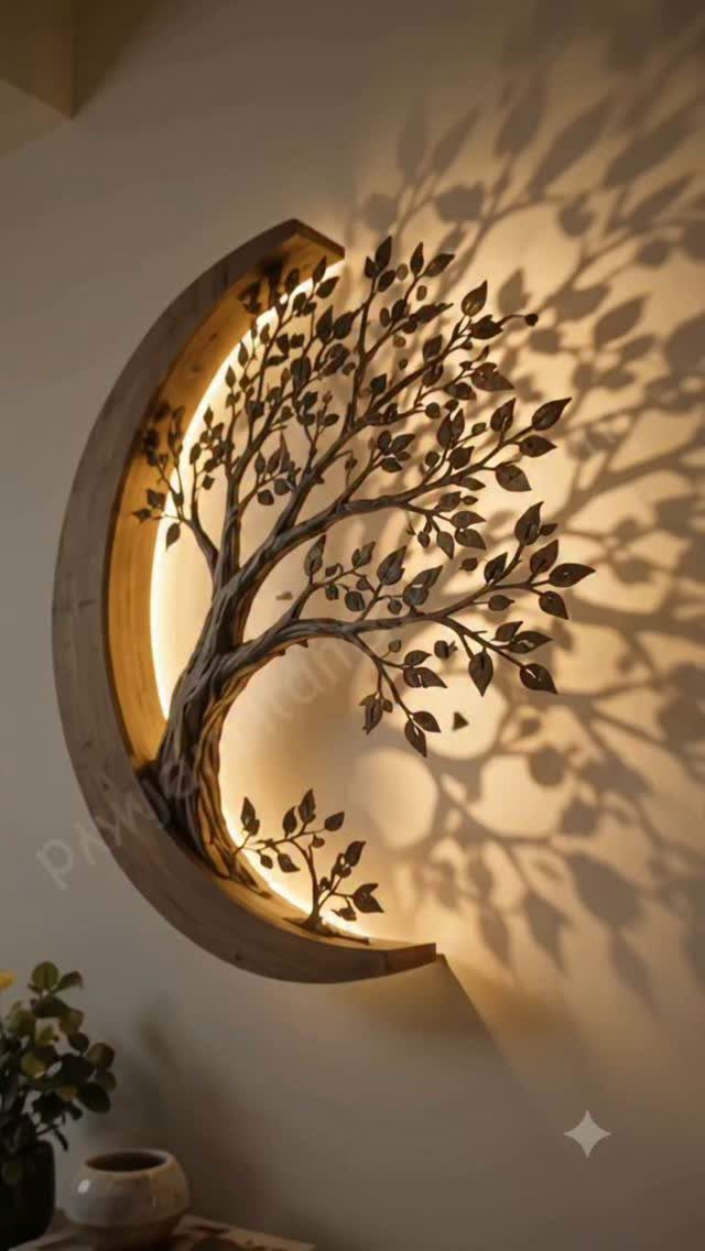 Crescent wooden wall lamp with a metal tree silhouette casting warm light and shadows.