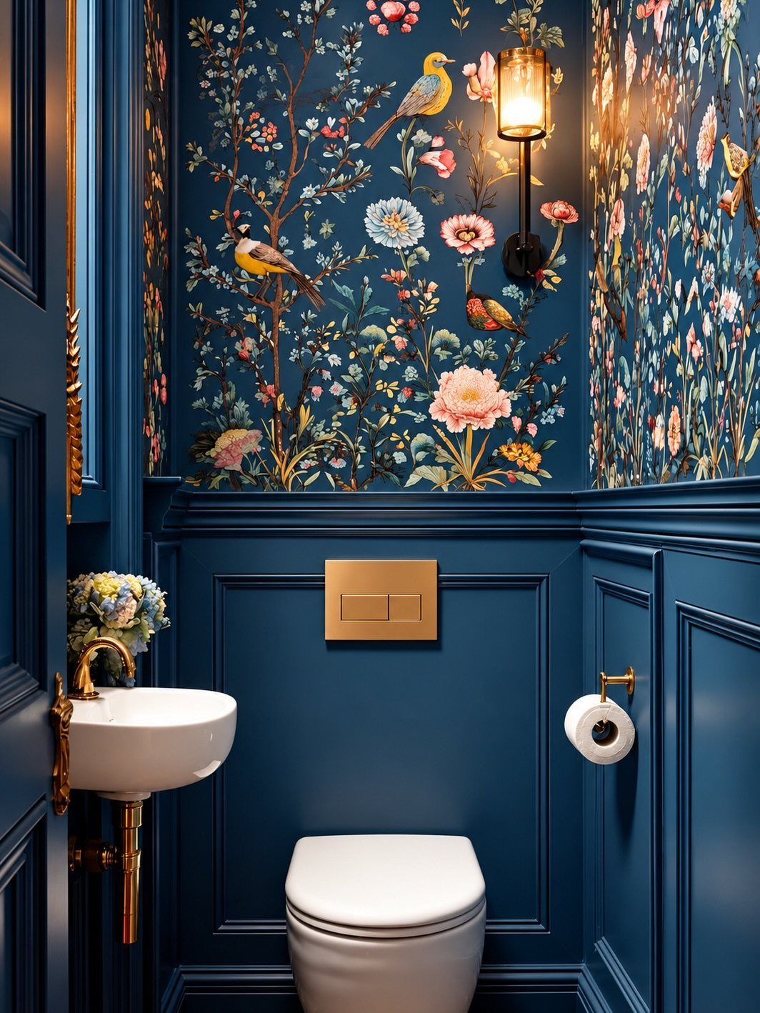 Navy blue paneled bathroom walls topped with floral wallpaper and gold fixtures.
