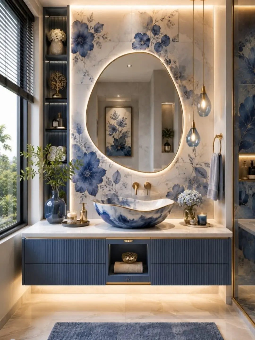 Blue fluted vanity and floral wall patterns in a modern luxury bathroom