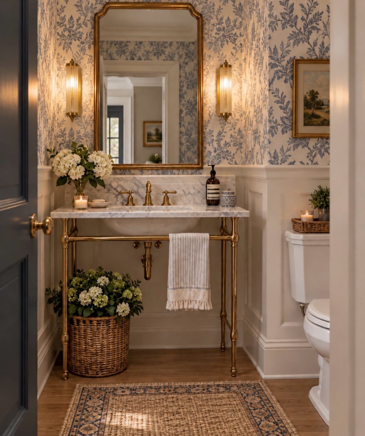 Blue and white floral wallpaper in a bathroom with gold fixtures and wainscoting.