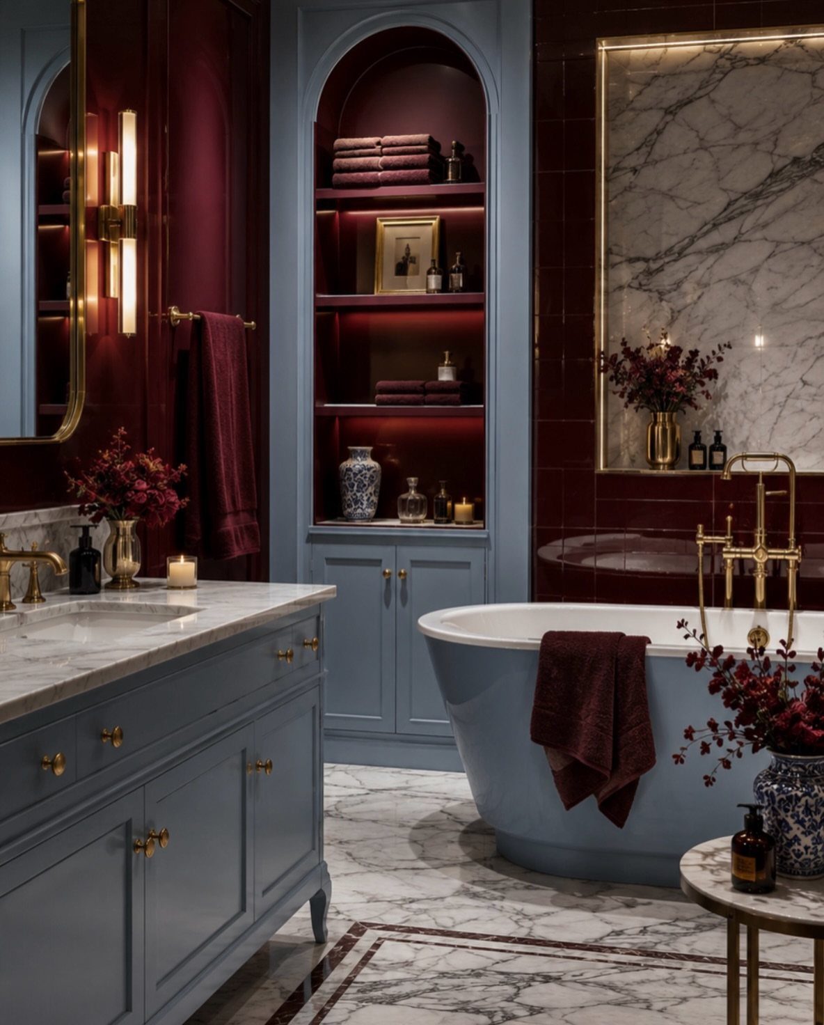 Light blue freestanding bathtub and matching cabinetry in a burgundy and marble bathroom.